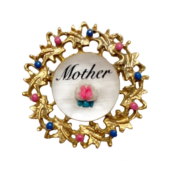 Vintage Jewelry - Vintage MCM mother of pearl  “mother” pink blue gold round brooch pin
